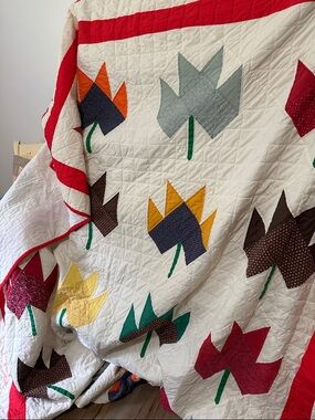 Handmade Tulip Patchwork Quilt in Red, White, Yellow, Brown
76x92